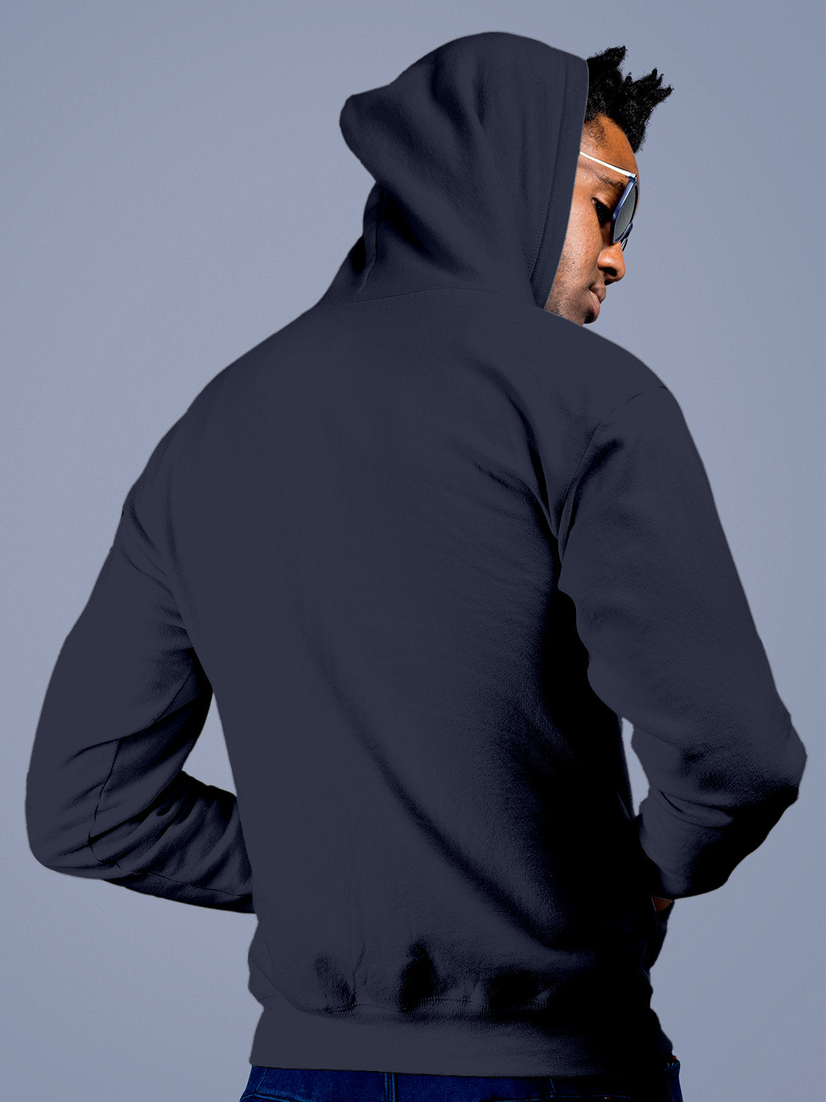 Back view of Fighterhero Men's Navy Blue Hoodie Sweatshirt, highlighting the modern look and clean finish