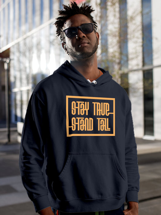 Fighterhero Hoodies: Model wearing Men's Navy Blue Hoodie Sweatshirt with 'Stay True Stand Tall' design