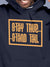 Close up of 'Stay True Stand Tall' design on Men's Navy Blue Hoodie Sweatshirt, highlighting intricate details and vibrant print.