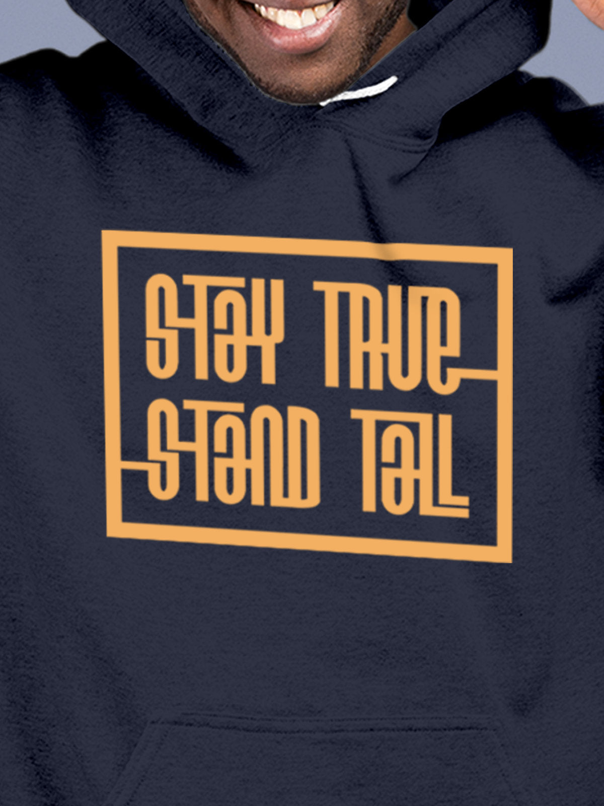 Close up of 'Stay True Stand Tall' design on Men's Navy Blue Hoodie Sweatshirt, highlighting intricate details and vibrant print.