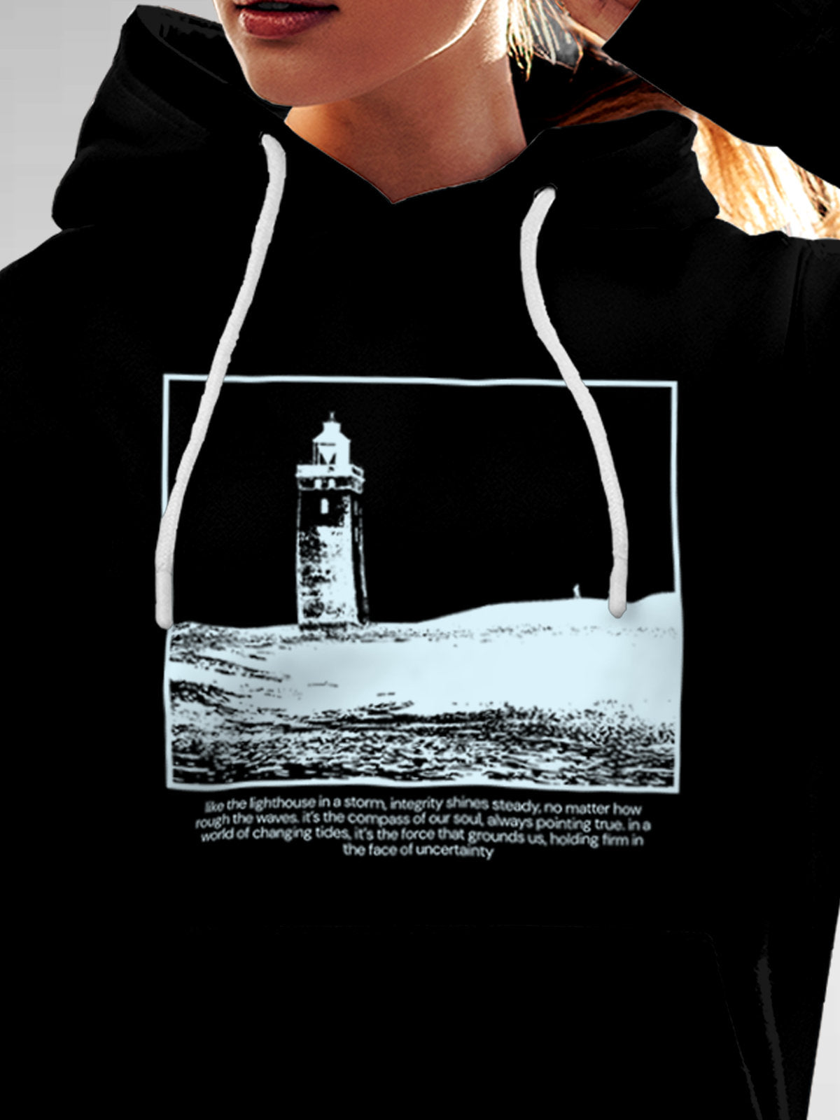Close up of 'Show The Way' design on Women's Black Hoodie Sweatshirt, highlighting intricate details and vibrant print.