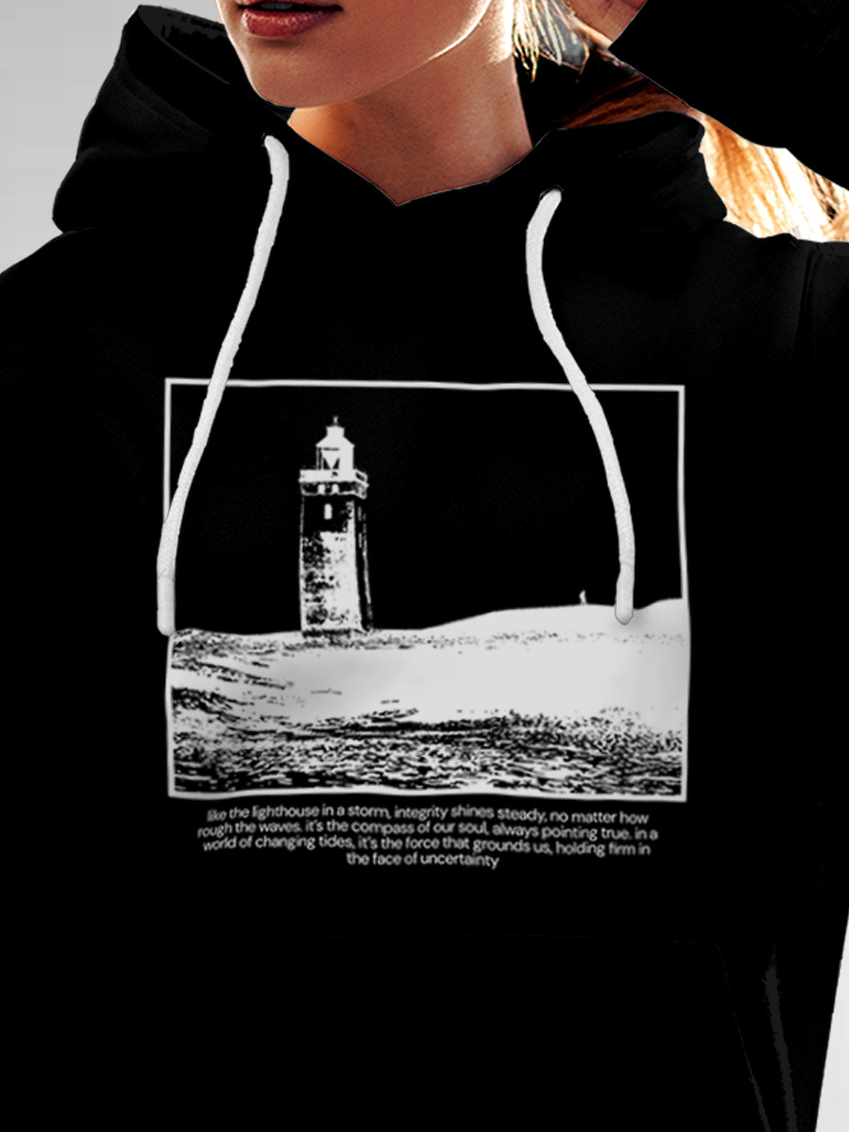 Close up of 'Show The Way' design on Women's Black Hoodie Sweatshirt, highlighting intricate details and vibrant print.