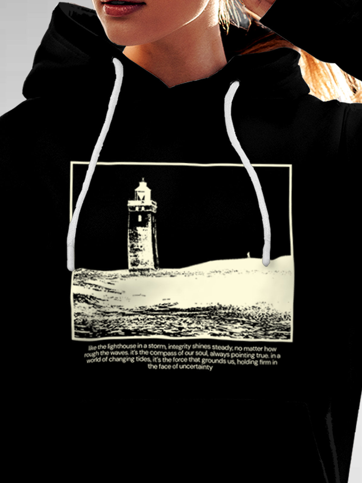 Close up of 'Show The Way' design on Women's Black Hoodie Sweatshirt, highlighting intricate details and vibrant print.