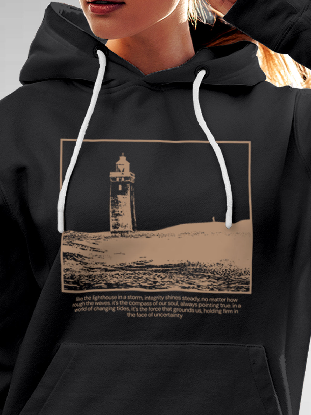 Close up of 'Show The Way' design on Women's Dark Grey Hoodie Sweatshirt, highlighting intricate details and vibrant print.