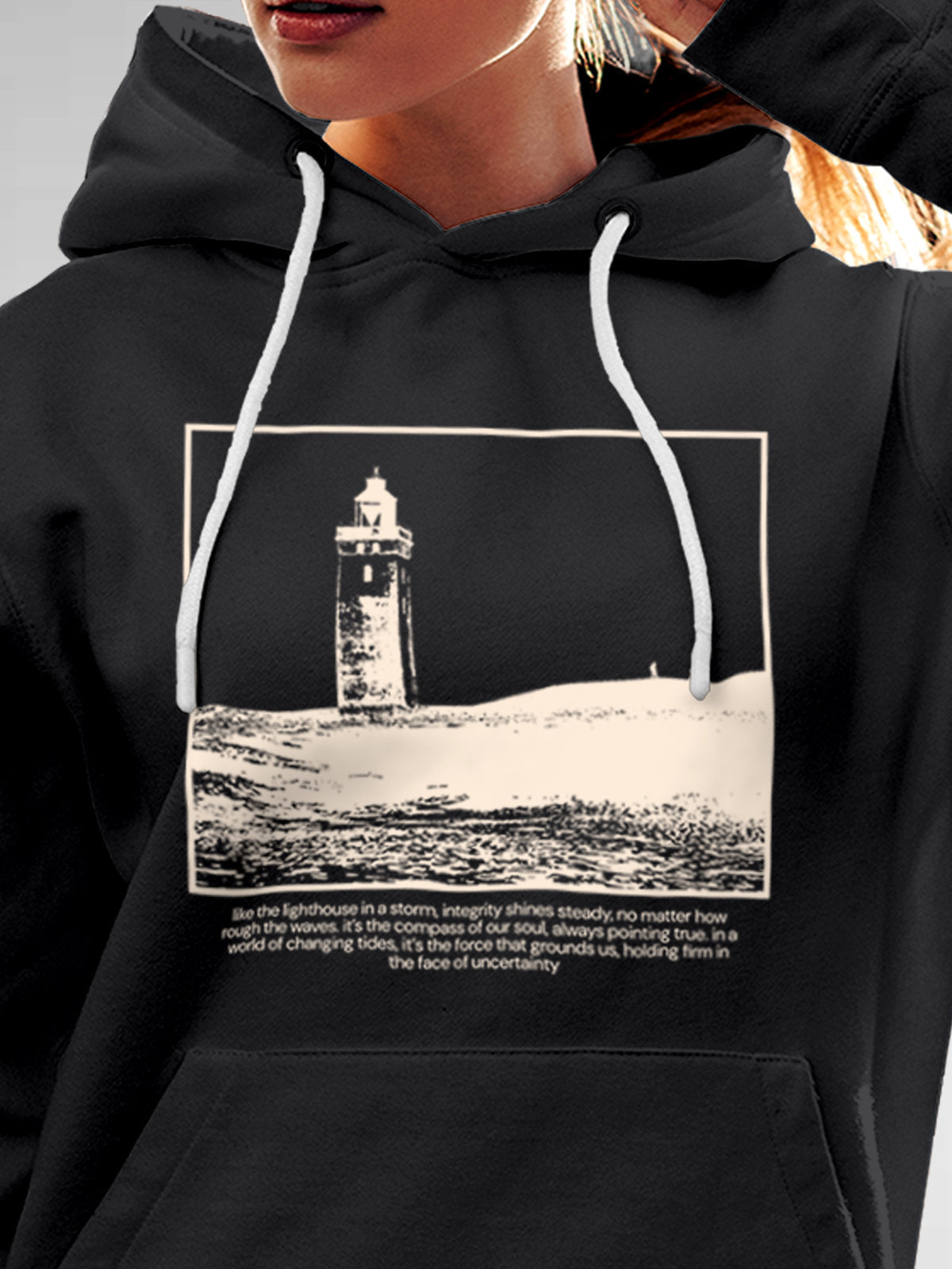 Close up of 'Show The Way' design on Women's Dark Grey Hoodie Sweatshirt, highlighting intricate details and vibrant print.