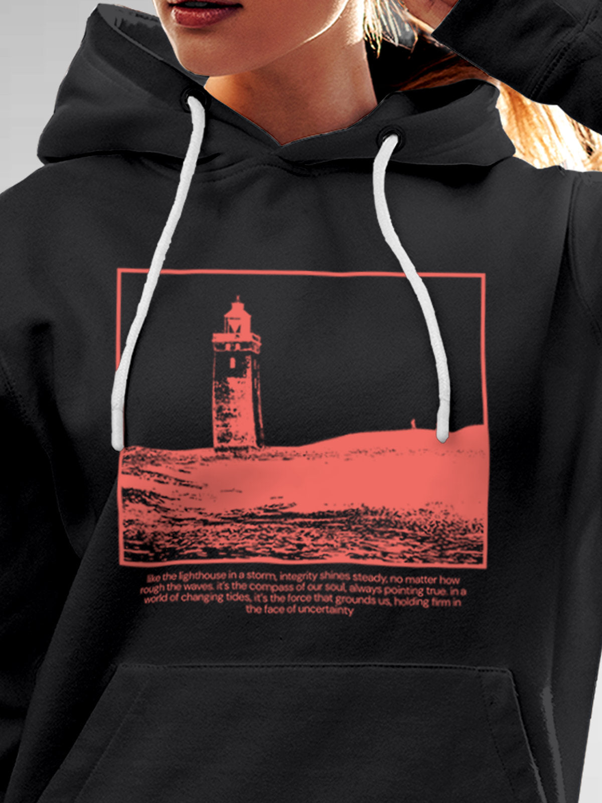 Close up of 'Show The Way' design on Women's Dark Grey Hoodie Sweatshirt, highlighting intricate details and vibrant print.