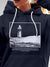 Close up of 'Show The Way' design on Women's Navy Blue Hoodie Sweatshirt, highlighting intricate details and vibrant print.