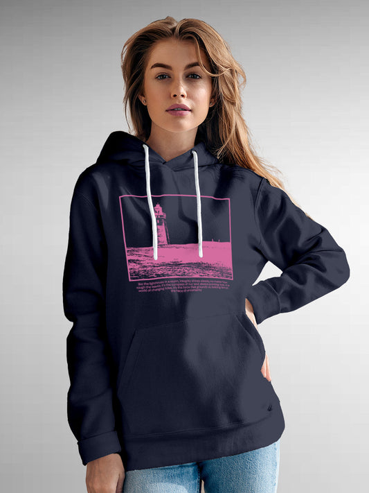 Fighterhero Hoodies: Model wearing Women's Navy Blue Hoodie Sweatshirt with 'Show The Way' design