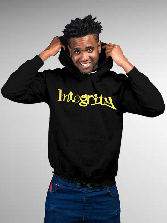Fighterhero Hoodies: Model wearing Men's Black Hoodie Sweatshirt with 'Integrity' design