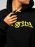 Close up of 'Integrity' design on Women's Black Hoodie Sweatshirt, highlighting intricate details and vibrant print.