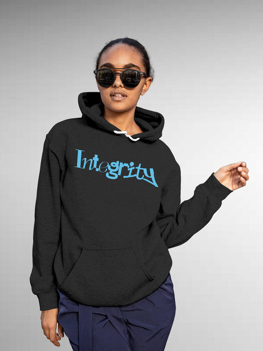 Fighterhero Hoodies: Model wearing Women's Dark Grey Hoodie Sweatshirt with 'Integrity' design