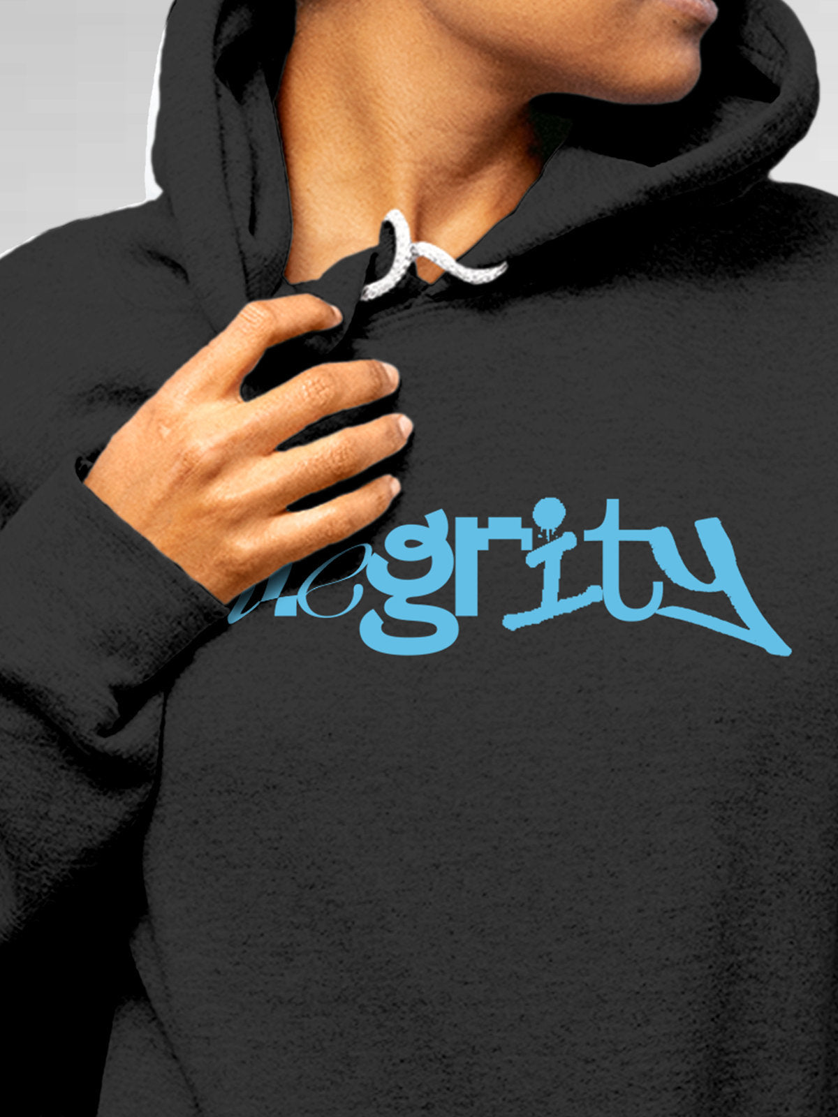 Close up of 'Integrity' design on Women's Dark Grey Hoodie Sweatshirt, highlighting intricate details and vibrant print.