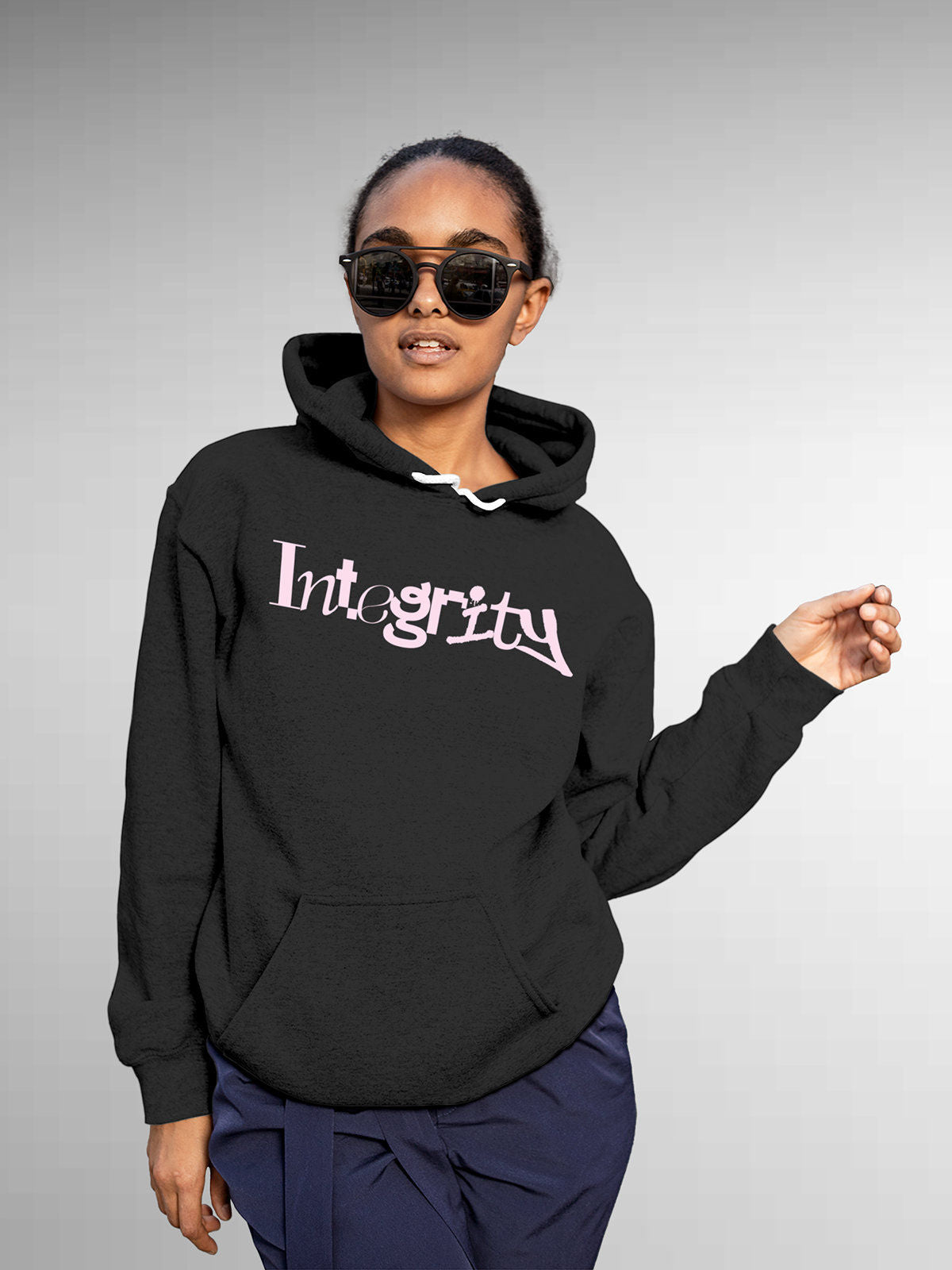 Model wearing Women's Dark Grey Hoodie Sweatshirt with 'Integrity' design, offering effortless style and premium comfort