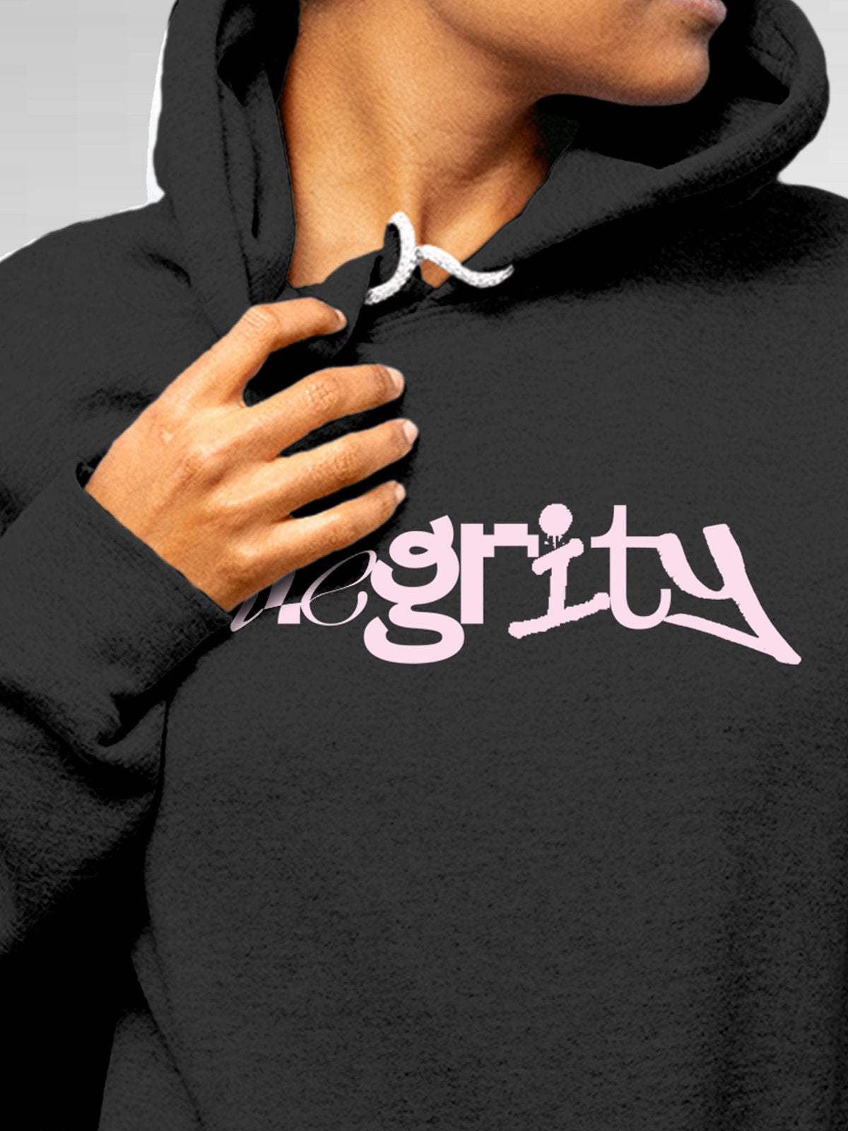 Close up of 'Integrity' design on Women's Dark Grey Hoodie Sweatshirt, highlighting intricate details and vibrant print.