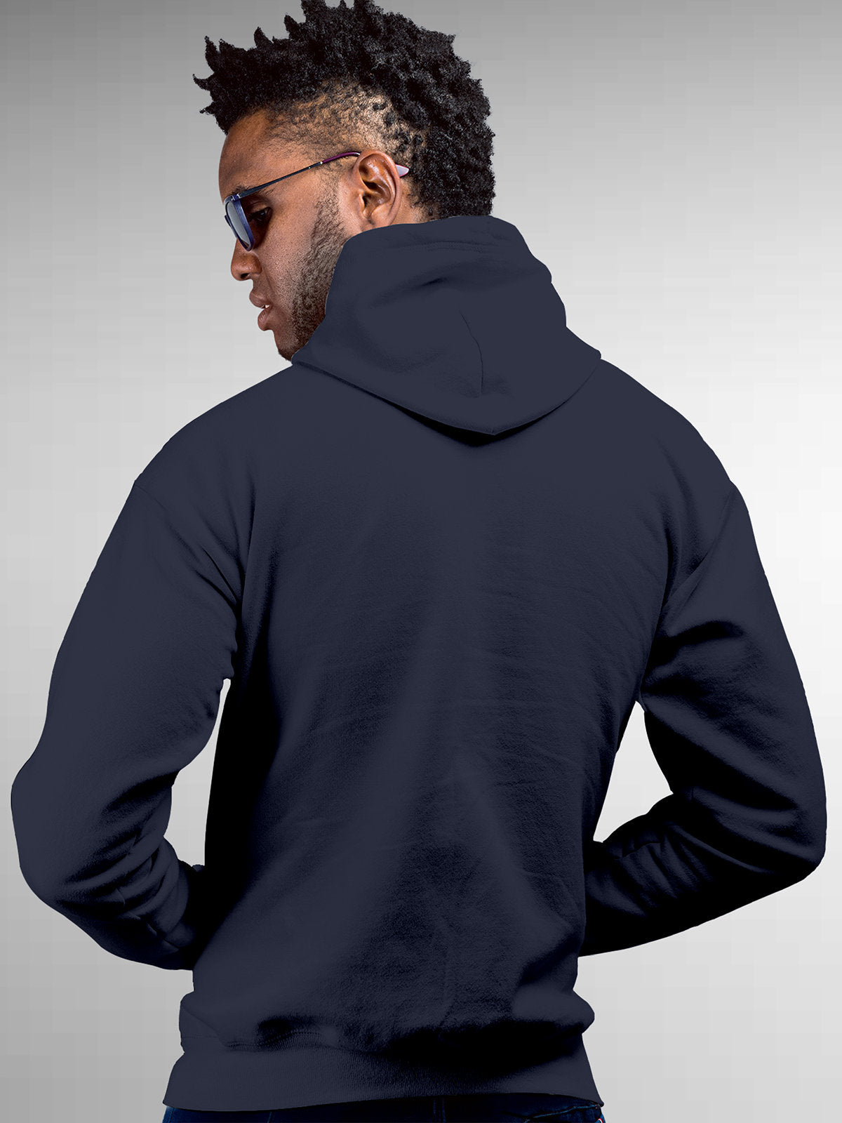 Back view of Fighterhero Men's Navy Blue Hoodie Sweatshirt, highlighting the modern look and clean finish