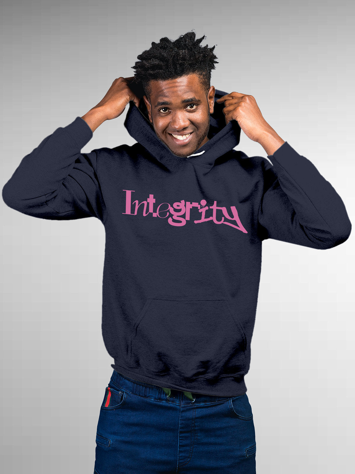 Model wearing Men's Navy Blue Hoodie Sweatshirt with 'Integrity' design, offering effortless style and premium comfort