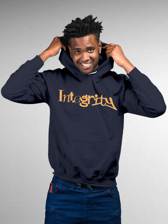 Fighterhero Hoodies: Model wearing Men's Navy Blue Hoodie Sweatshirt with 'Integrity' design