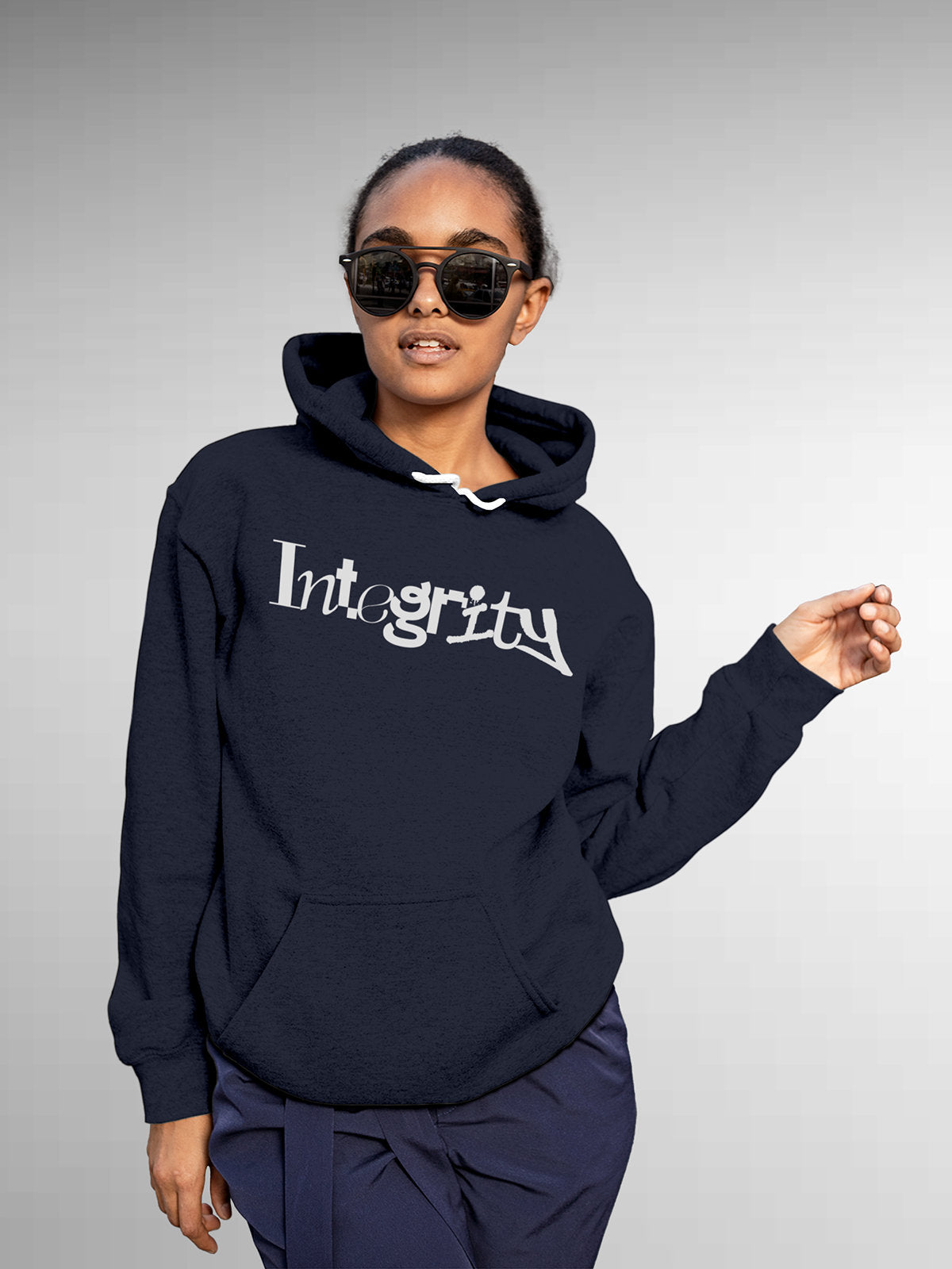 Model wearing Women's Navy Blue Hoodie Sweatshirt with 'Integrity' design, offering effortless style and premium comfort