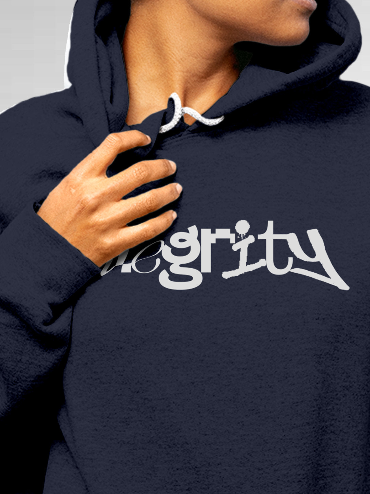 Close up of 'Integrity' design on Women's Navy Blue Hoodie Sweatshirt, highlighting intricate details and vibrant print.