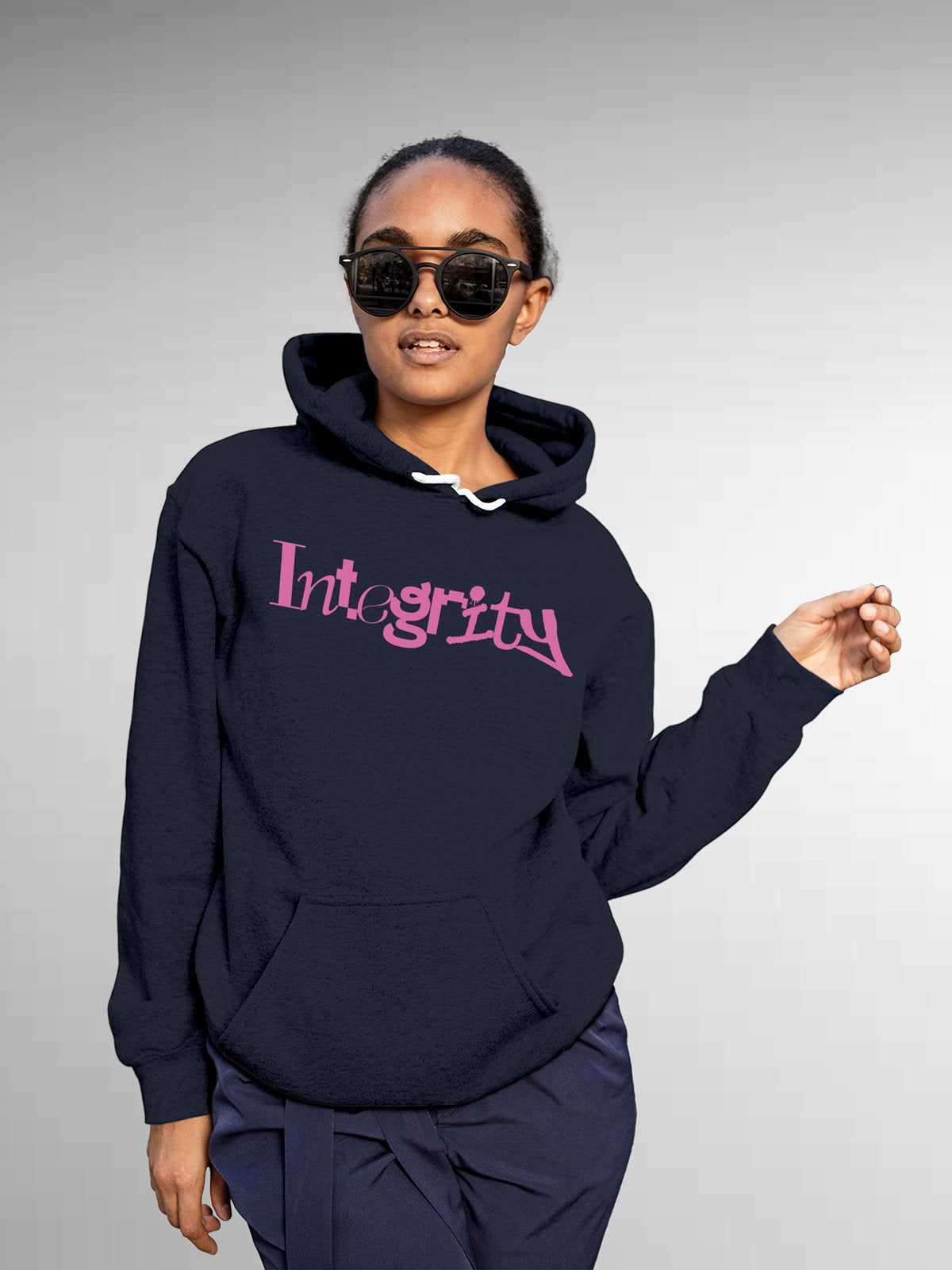Model wearing Women's Navy Blue Hoodie Sweatshirt with 'Integrity' design, offering effortless style and premium comfort
