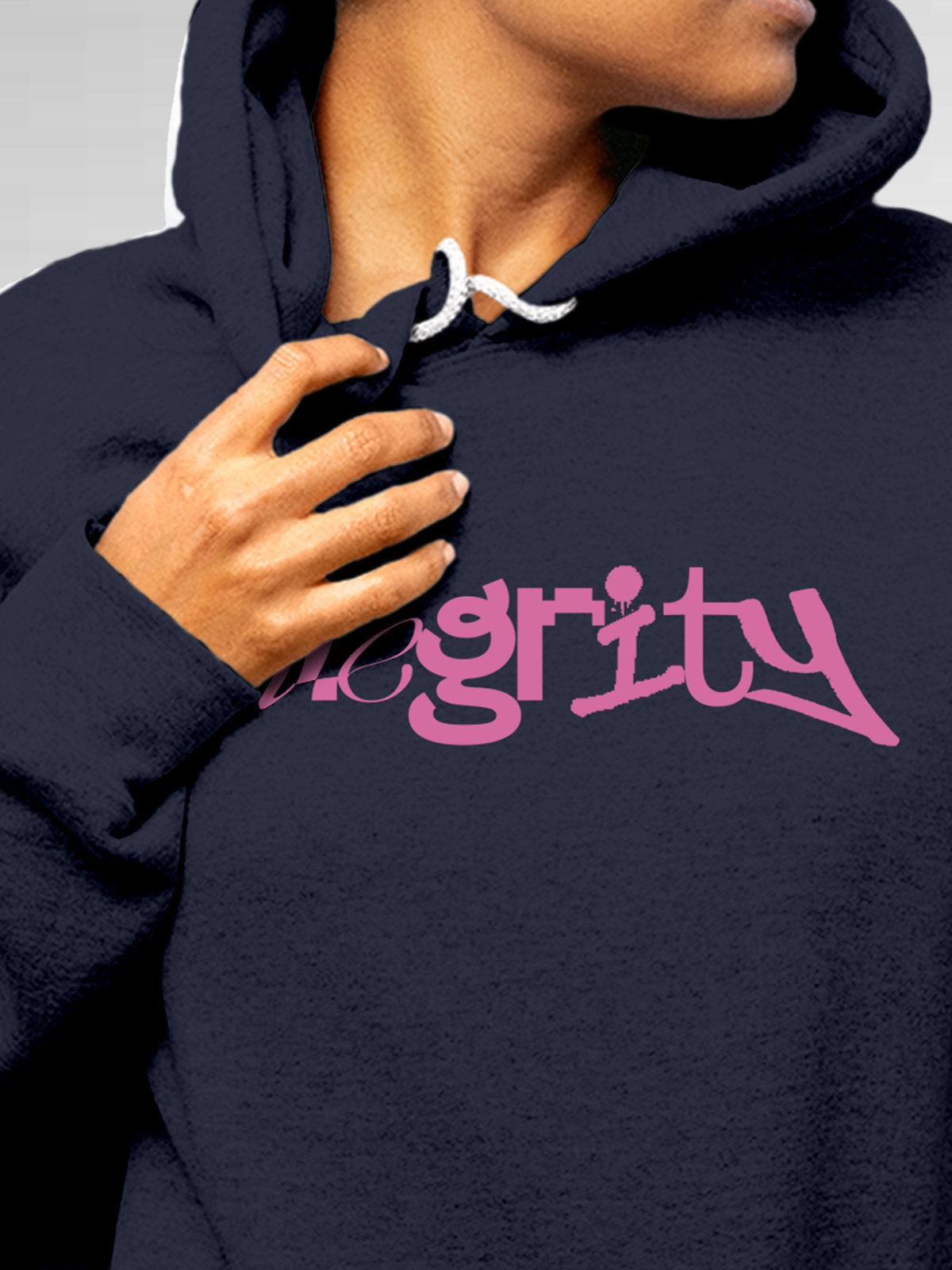 Close up of 'Integrity' design on Women's Navy Blue Hoodie Sweatshirt, highlighting intricate details and vibrant print.