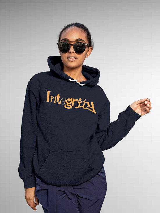 Fighterhero Hoodies: Model wearing Women's Navy Blue Hoodie Sweatshirt with 'Integrity' design