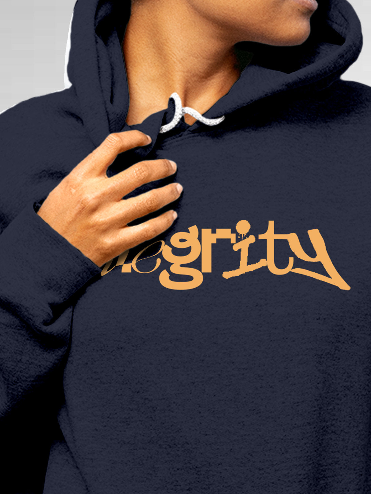 Close up of 'Integrity' design on Women's Navy Blue Hoodie Sweatshirt, highlighting intricate details and vibrant print.