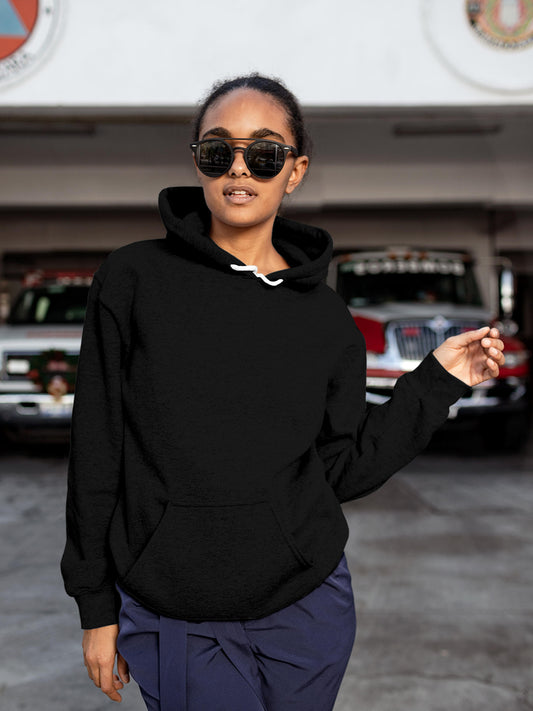 Model wearing Women's Plain Solid Black Hoodie Sweatshirt, offering effortless style and premium comfort
