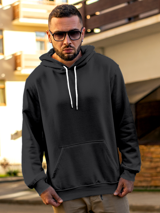 Model wearing Men's Plain Solid Dark Grey Hoodie Sweatshirt, offering effortless style and premium comfort