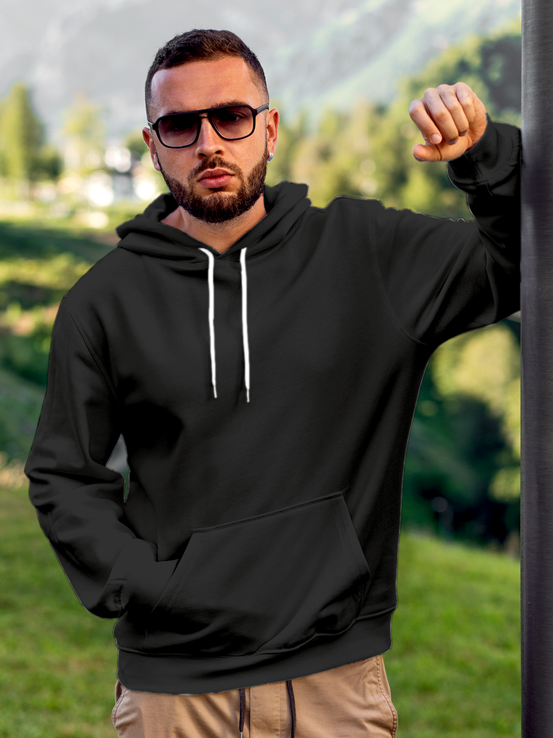Close up of Men's Solid Dark Grey Hoodie Sweatshirt, highlighting intricate details and vibrant print.