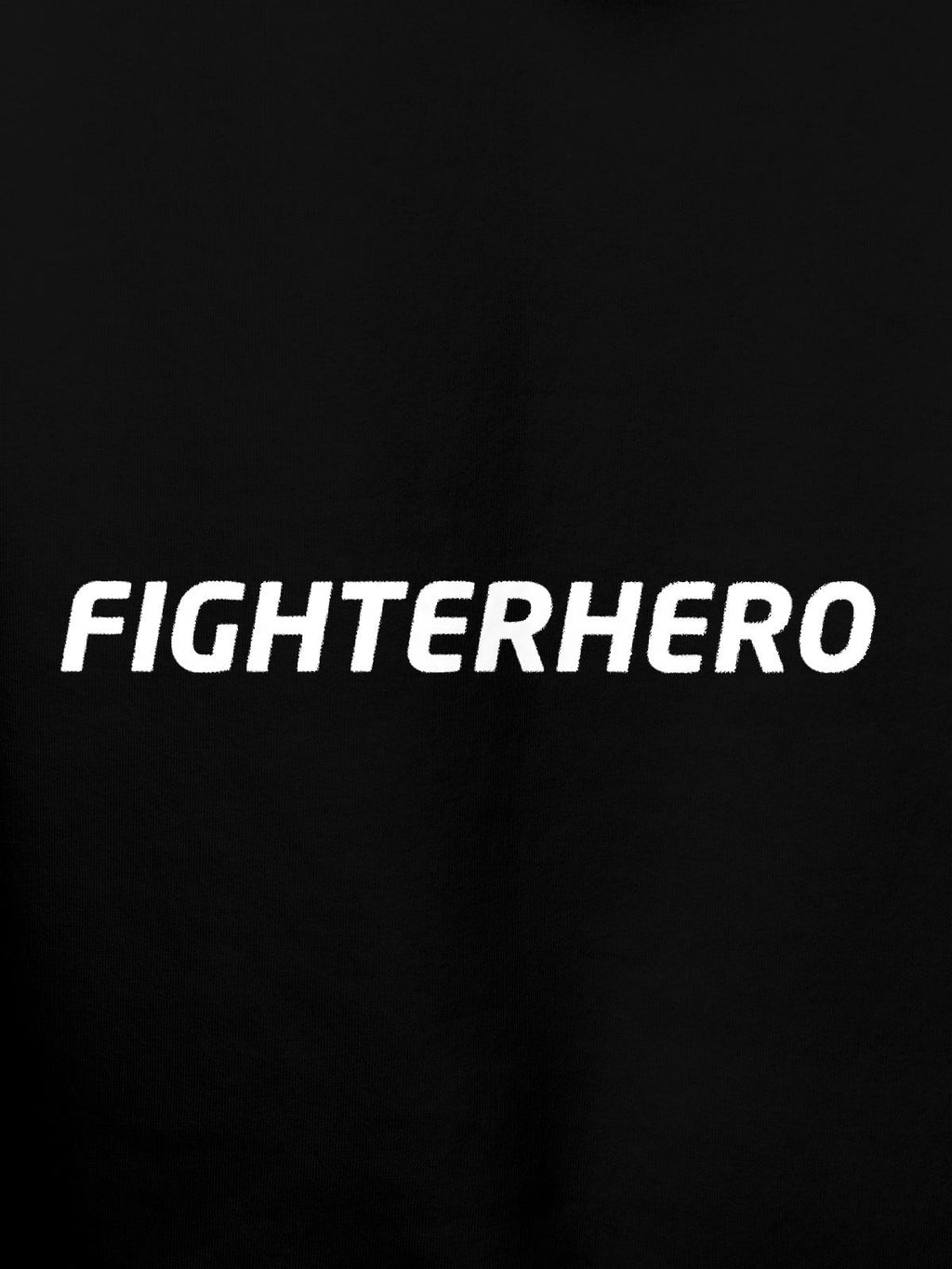 Close up of 'Fighterhero' design on Men's Black Hoodie Sweatshirt, highlighting intricate details and vibrant print.
