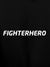 Close up of 'Fighterhero' design on Men's Black Hoodie Sweatshirt, highlighting intricate details and vibrant print.