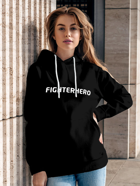 Model wearing Women's Black Hoodie Sweatshirt with 'Fighterhero' design, offering effortless style and premium comfort