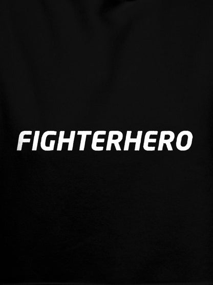 Close up of 'Fighterhero' design on Women's Black Hoodie Sweatshirt, highlighting intricate details and vibrant print.
