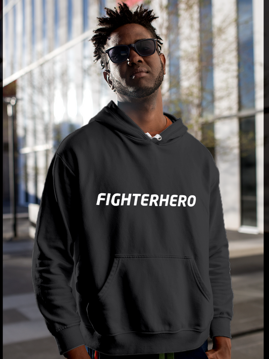 Model wearing Men's Charcoal Grey Hoodie Sweatshirt with 'Fighterhero' design, offering effortless style and premium comfort