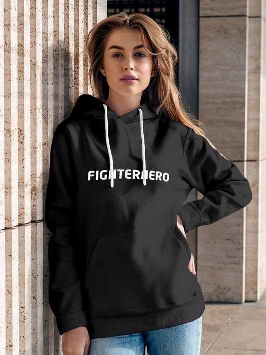 Model wearing Women's Charcoal Grey Hoodie Sweatshirt with 'Fighterhero' design, offering effortless style and premium comfort