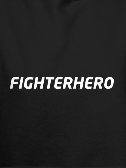 Close up of 'Fighterhero' design on Women's Dark Grey Hoodie Sweatshirt, highlighting intricate details and vibrant print.