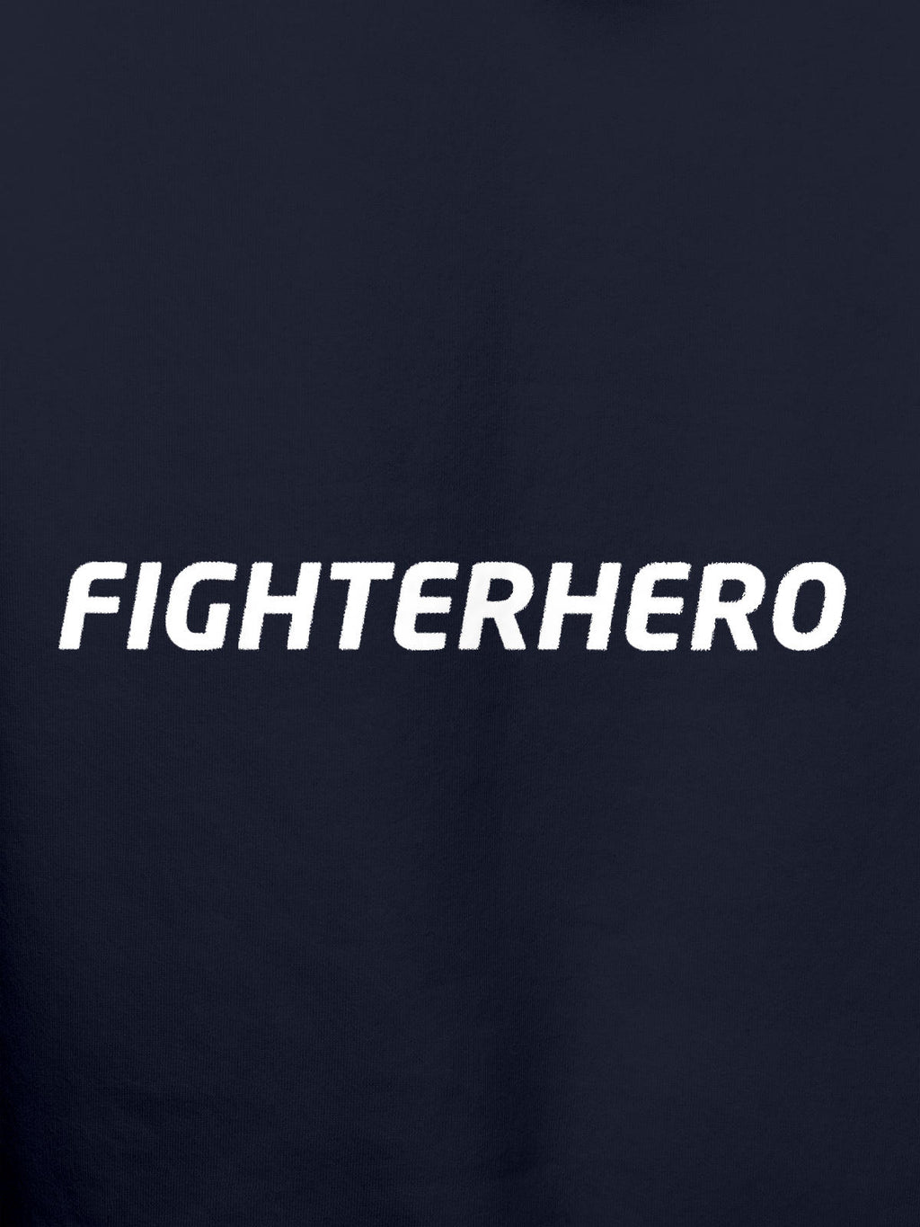 Close up of 'Fighterhero' design on Men's Navy Blue Hoodie Sweatshirt, highlighting intricate details and vibrant print.