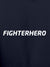 Close up of 'Fighterhero' design on Men's Navy Blue Hoodie Sweatshirt, highlighting intricate details and vibrant print.