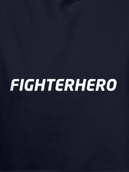 Close up of 'Fighterhero' design on Women's Navy Blue Hoodie Sweatshirt, highlighting intricate details and vibrant print.