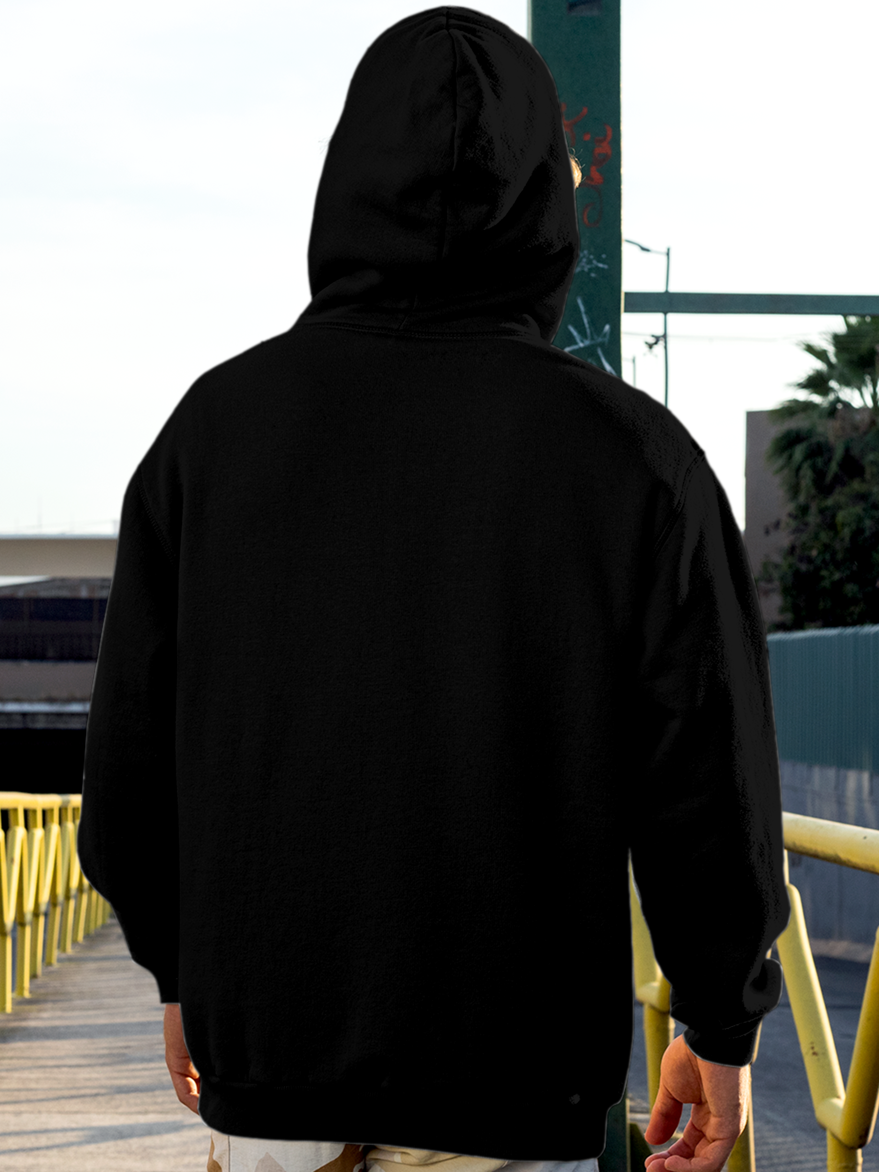 Back view of Fighterhero Men's Black Hoodie Sweatshirt, highlighting the modern look and clean finish