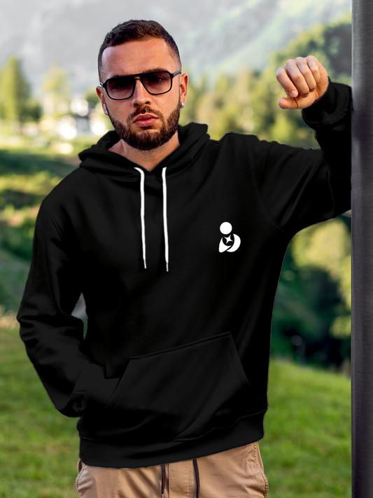 Model wearing Men's Solid Black Hoodie Sweatshirt with Fighterhero Logo, offering effortless style and premium comfort
