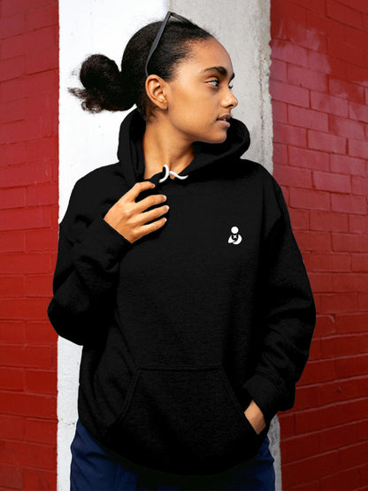 Model wearing Women's Solid Black Hoodie Sweatshirt with Fighterhero Logo, offering effortless style and premium comfort
