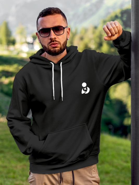 Model wearing Men's Solid Dark Grey Hoodie Sweatshirt with Fighterhero Logo, offering effortless style and premium comfort