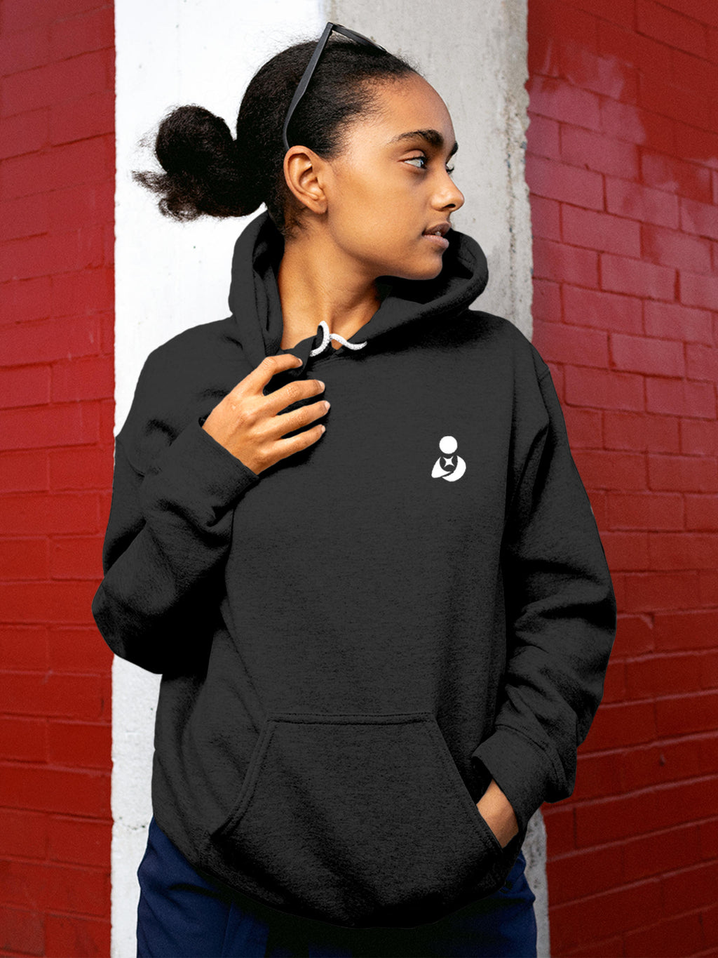 Model wearing Women's Solid Dark Grey Hoodie Sweatshirt with Fighterhero Logo, offering effortless style and premium comfort