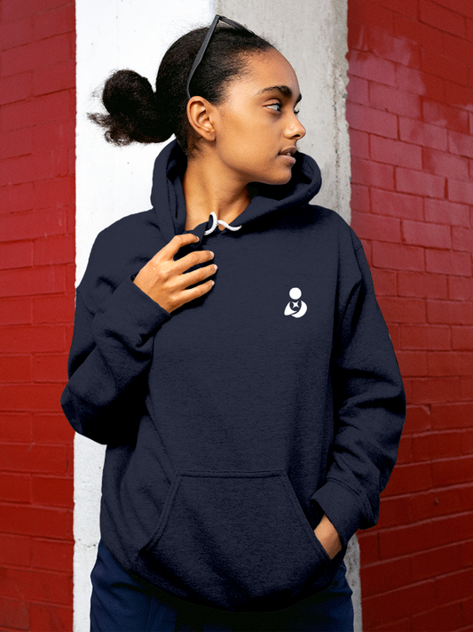 Model wearing Women's Solid Navy Blue Hoodie Sweatshirt with Fighterhero Logo, offering effortless style and premium comfort
