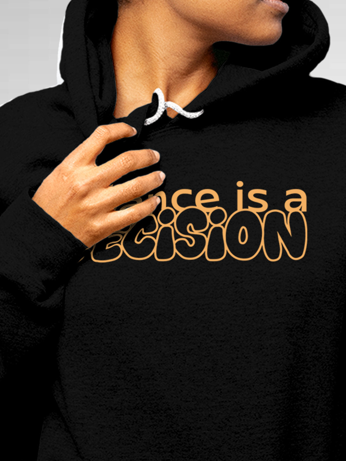 Close up of 'Balance Is A Decision' design on Women's Black Hoodie Sweatshirt, highlighting intricate details and vibrant print.