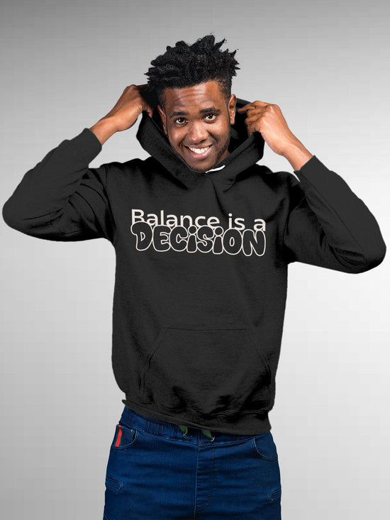 Fighterhero Hoodies: Model wearing Men's Dark Grey Hoodie Sweatshirt with 'Balance Is A Decision' design