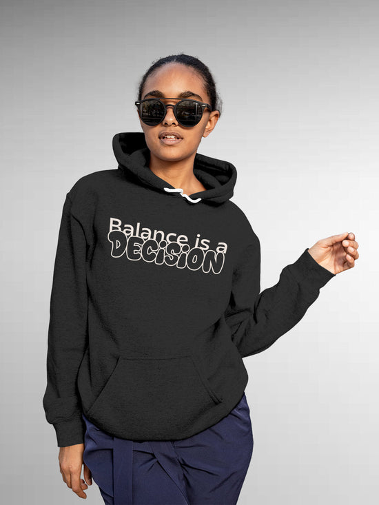 Fighterhero Hoodies: Model wearing Women's Dark Grey Hoodie Sweatshirt with 'Balance Is A Decision' design