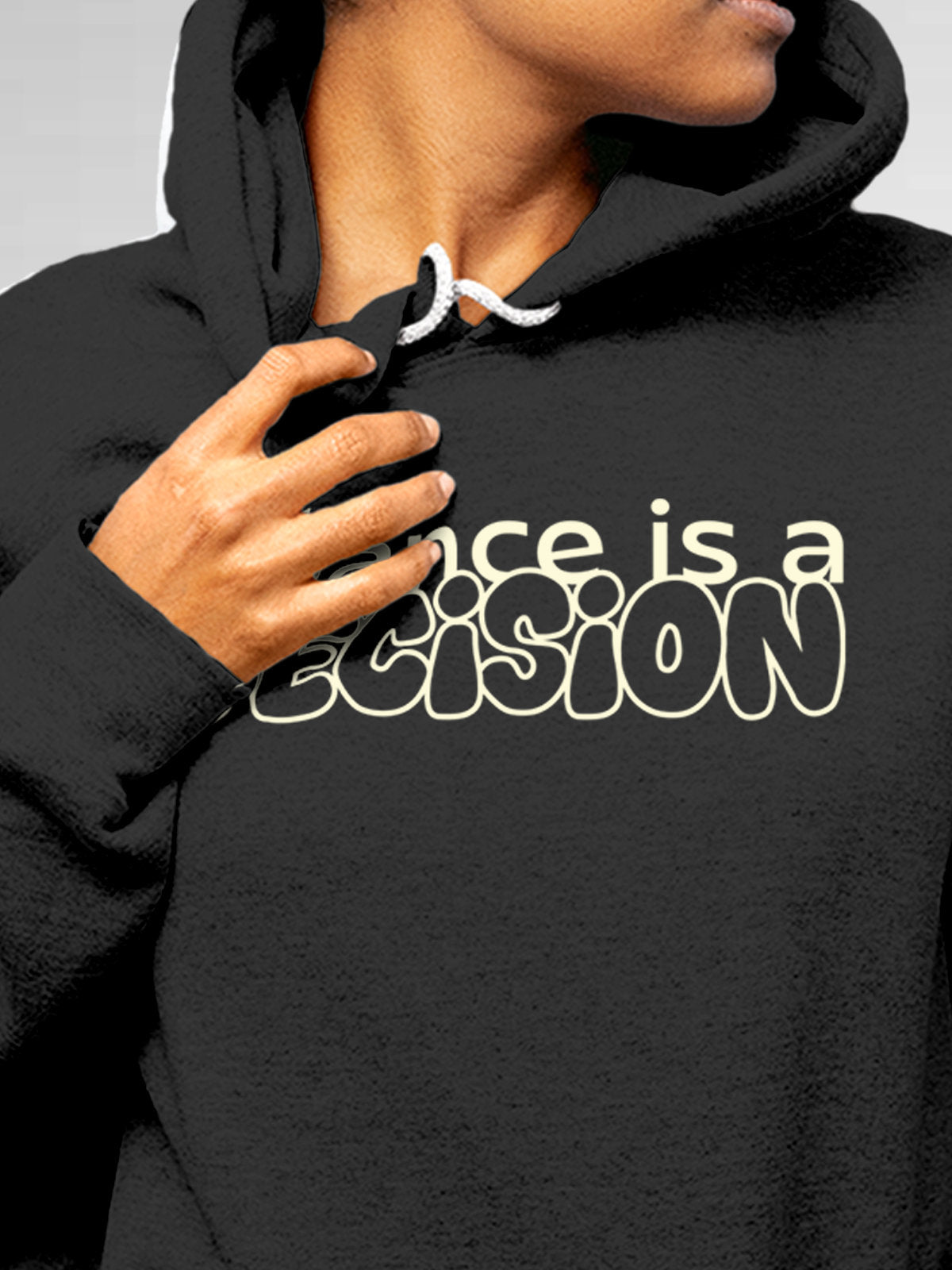 Close up of 'Balance Is A Decision' design on Women's Dark Grey Hoodie Sweatshirt, highlighting intricate details and vibrant print.